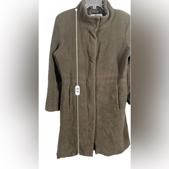 Calvin Klein Angora Wool Blend Trench Coat Olive Green Sz L Mob Wife Mock Neck - Picture 5 of 14